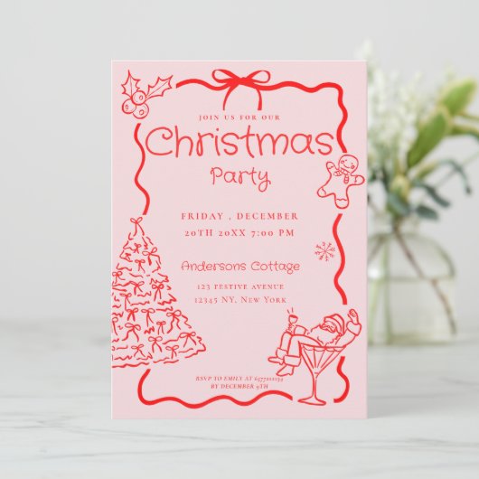 Doodle Whimsical Rood Roze Kerstfeest Kaart (Staand voorkant)
