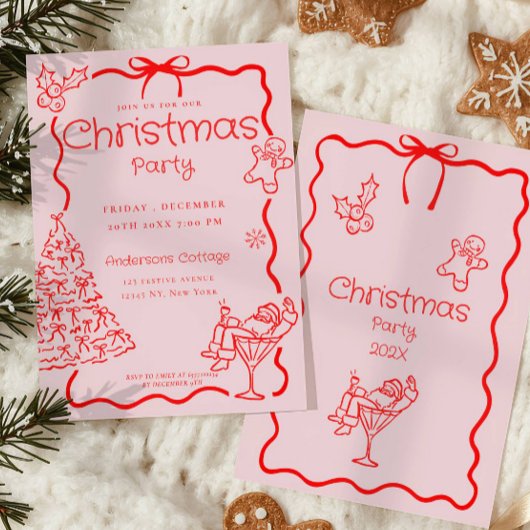 Doodle Whimsical Rood Roze Kerstfeest Kaart