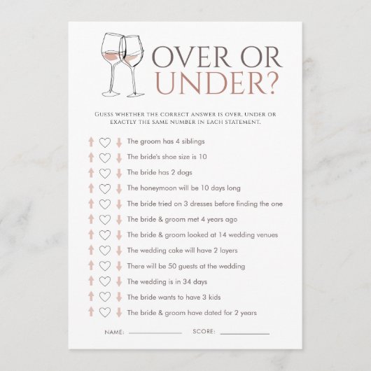 Doodle Wine Over or Under Bridal Shower Game Card Kaart (Voorkant)