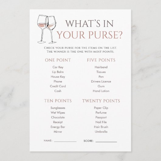 Doodle Wine Whats in Purse Bridal Shower Game Kaart (Voorkant)