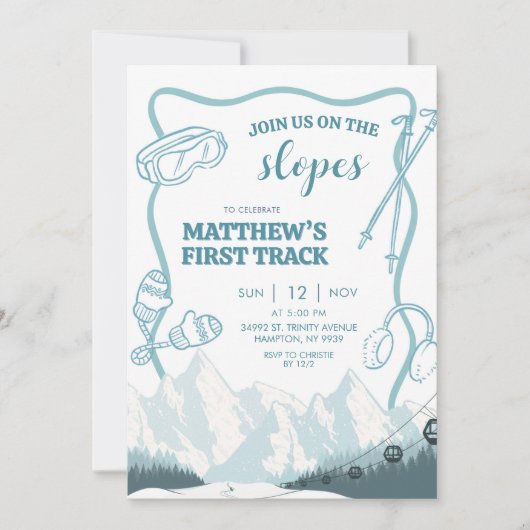 Doodle Winter Blue pastel Ski 1st birthday Kaart (Voorkant)