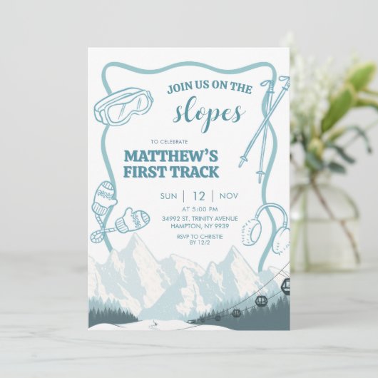 Doodle Winter Blue pastel Ski 1st birthday Kaart (Staand voorkant)