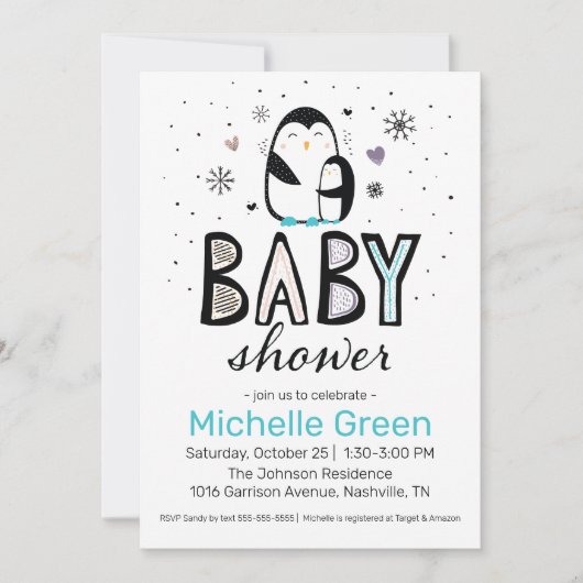 Doodle Winter Penguin Baby shower Invitation Kaart (Voorkant)