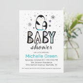 Doodle Winter Penguin Baby shower Invitation Kaart (Staand voorkant)