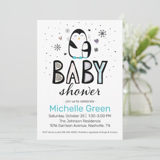 Doodle Winter Penguin Baby shower Invitation Kaart (Staand voorkant)