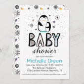 Doodle Winter Penguin Baby shower Invitation Kaart (Voorkant / Achterkant)