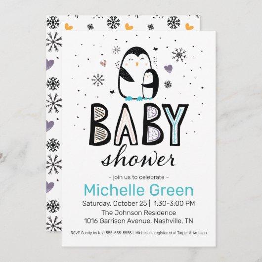 Doodle Winter Penguin Baby shower Invitation Kaart (Voorkant / Achterkant)
