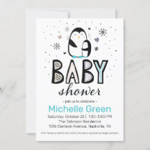 Doodle Winter Penguin Baby shower Invitation