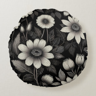 Doodle Zwart & Wit bloemen grafische illustratie Rond Kussen