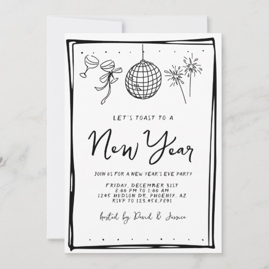 Doodle zwart-wit oudejaarsfeest kaart (Voorkant)
