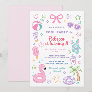 Doodle zwembadfeest roze meisje pretiener tiener v kaart