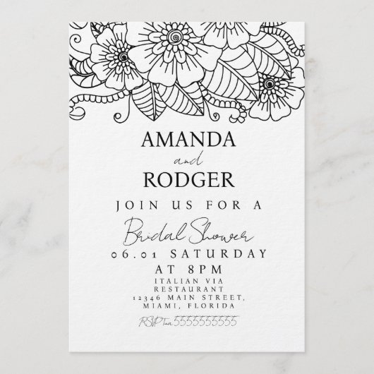 Doodles Bloemen Botanicals Bruiloftsfeest Kaart (Voorkant)