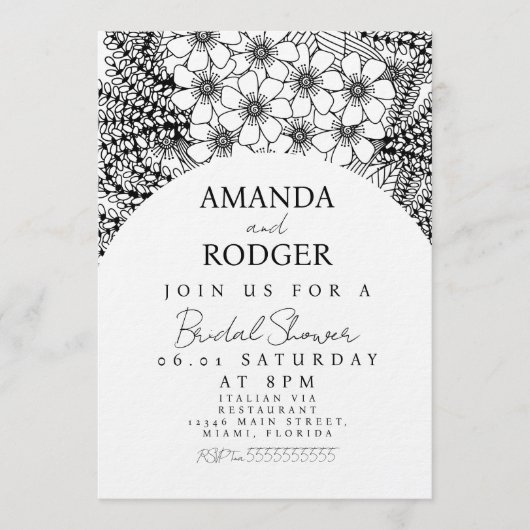 Doodles Florals Black White Bridal Shower Kaart (Voorkant)