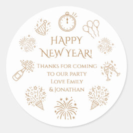 Doodles Gold text New Year Party Thank you  Ronde Sticker