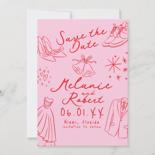 Doodles Hand Drawn Black White Groom Bride  Save The Date (Voorkant)