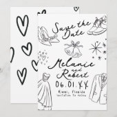 Doodles Handgetekend Zwart Wit Bruidegom Bruid Save The Date (Voorkant / Achterkant)