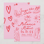 Doodles Handgetekende Zwart Wit Bruidegom Bruid Save The Date (Voorkant / Achterkant)