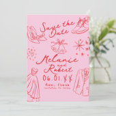 Doodles Handgetekende Zwart Witte Bruidegom Bruid Save The Date (Staand voorkant)