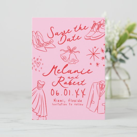 Doodles Handgetekende Zwart Witte Bruidegom Bruid Save The Date (Staand voorkant)