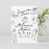 Doodles Handgetekende Zwart Witte Bruidegom Bruid Save The Date (Staand voorkant)