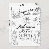 Doodles Handgetekende Zwart Witte Bruidegom Bruid Save The Date (Voorkant / Achterkant)