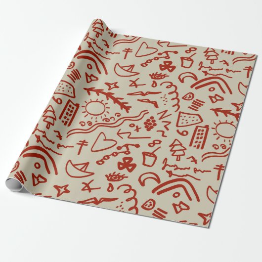 Doodles red en beige cadeaupapier (Uitgerold)