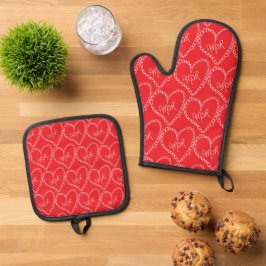 Doodles Zwarte Hartjes Valentijnsdag Rood Ovenwant & Pannenlap Set