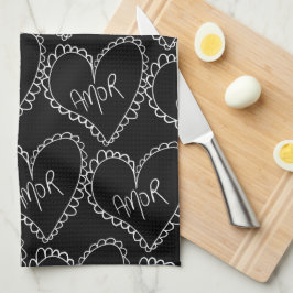 Doodles Zwarte Hartjes Valentijnsdag Rood Theedoek