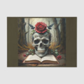 Doodschedel op vervloekt boek met rozen en kraaien tissuepapier (Voorkant)