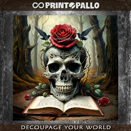 Doodschedel op vervloekt boek met rozen en kraaien tissuepapier