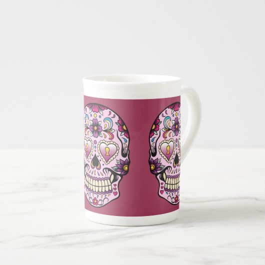 Doodsdag Suiker Skull Roze Porselein Kop (Voorkant rechts)