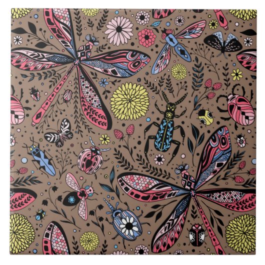 Doogavebeestjes op mochasbruin tegeltje (Voorkant)