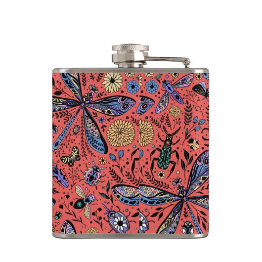 Doogaveinsecten op koraalrood heupfles (Achterkant)