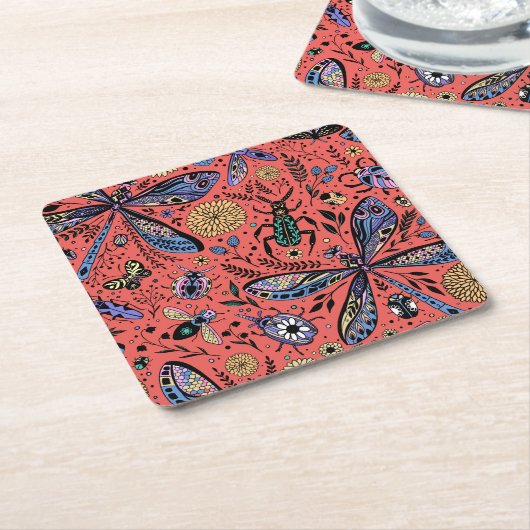 Doogaveinsecten op koraalrood kartonnen onderzetters (Schuin)