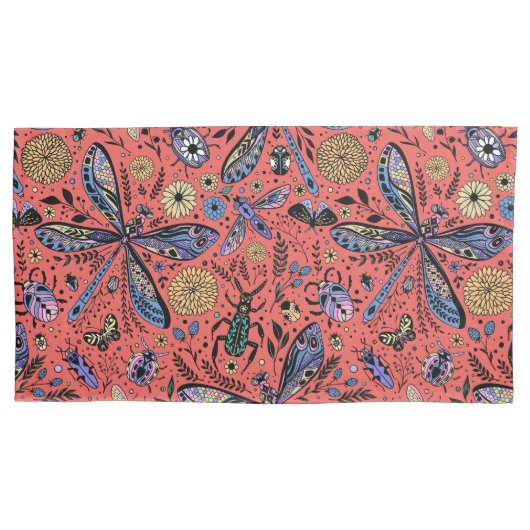 Doogaveinsecten op koraalrood kussensloop (Voorkant-Links)