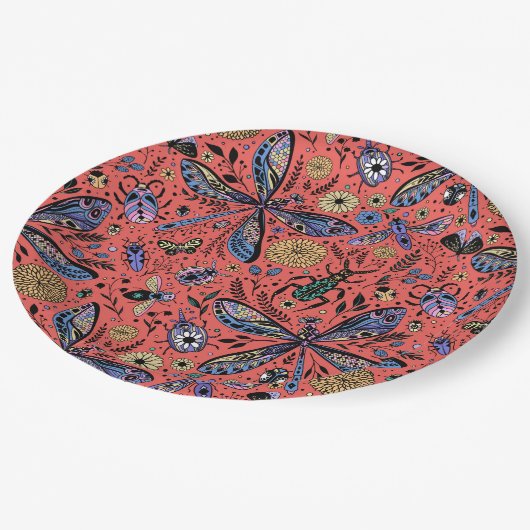 Doogaveinsecten op koraalrood papieren bordje (Gekanteld)