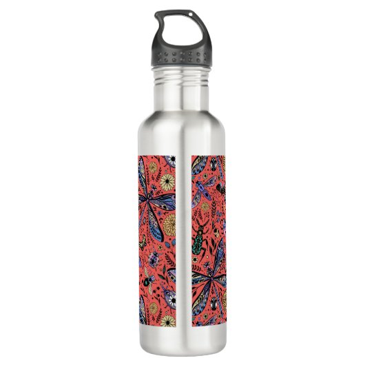 Doogaveinsecten op koraalrood waterfles  (Achterkant)