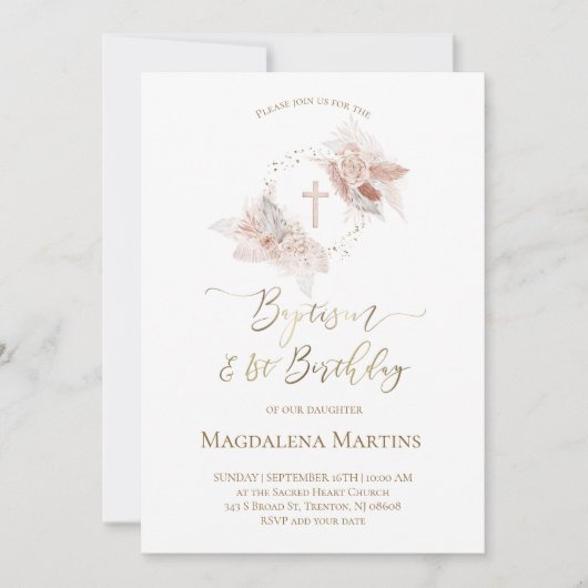 Doop & 1e Verjaardag boho bloemen uitnodiging (Voorkant)