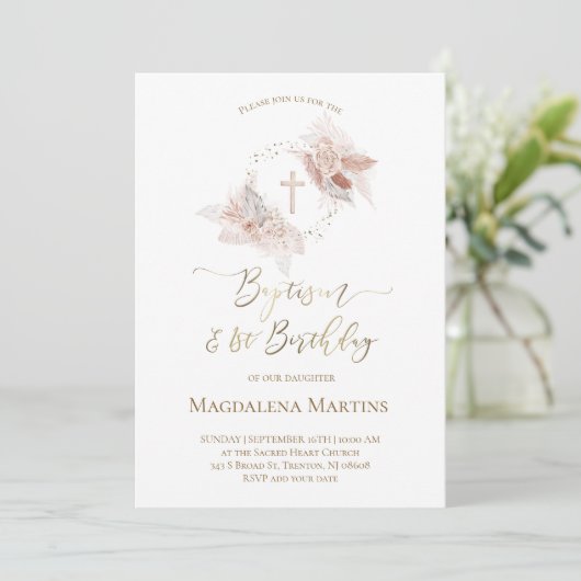 Doop & 1e Verjaardag boho bloemen uitnodiging (Staand voorkant)