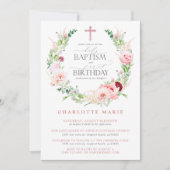 Doop 1e verjaardag Roze Bloemen Marmer Cross Meisj Kaart (Voorkant)