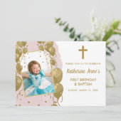 Doop 1e verjaardag roze gouden tekst foto kaart (Staand voorkant)