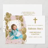 Doop 1e verjaardag roze gouden tekst foto kaart (Voorkant / Achterkant)