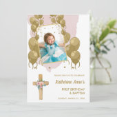 Doop 1e verjaardag roze gouden tekst foto kaart (Staand voorkant)
