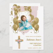 Doop 1e verjaardag roze gouden tekst foto kaart (Voorkant / Achterkant)