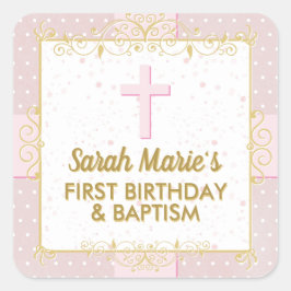 Doop 1e verjaardag roze gouden tekst polka dot vierkante sticker