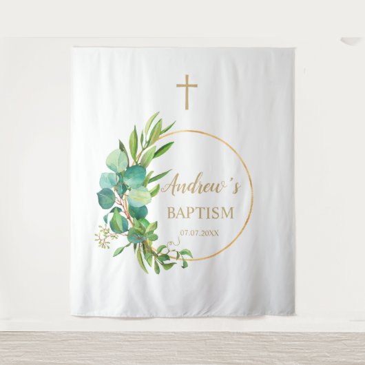 Doop Achtergrond Jongen - Eucalyptus Groenbladeren Wandkleed (Voorkant)