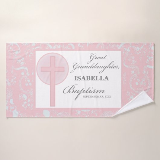 Doop achterkleindochter roze kant gepersonaliseerd badhanddoek (Badhanddoek)