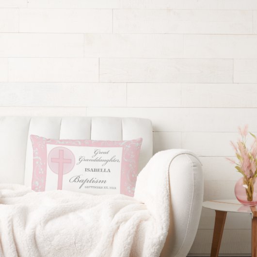 Doop achterkleindochter roze kant gepersonaliseerd kussen (Bank)