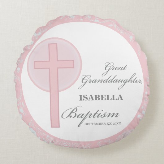 Doop achterkleindochter roze kant gepersonaliseerd rond kussen (Voorkant)