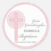 Doop achterkleindochter roze kant gepersonaliseerd ronde sticker (Voorkant)